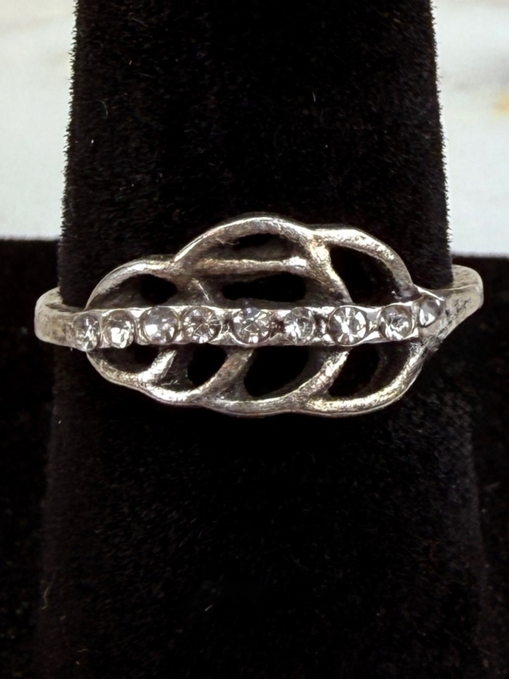 Vintage Dainty Silver Tone Clear Rhinestone Openwork Ring Size 5